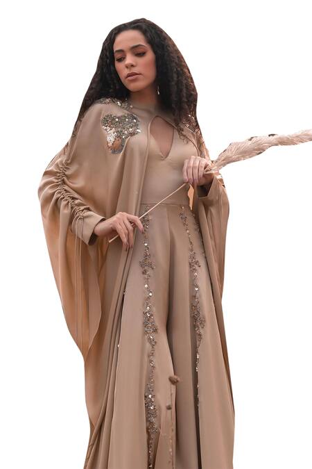 Shop_Kaprapan By Anaita Shah_Beige Satin Chiffon Embroidered Sequin Round Jumpsuit With Cape_Online_at_Aza_Fashions