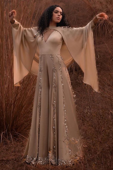 Buy_Kaprapan By Anaita Shah_Beige Satin Chiffon Embroidered Sequin Round Jumpsuit With Cape