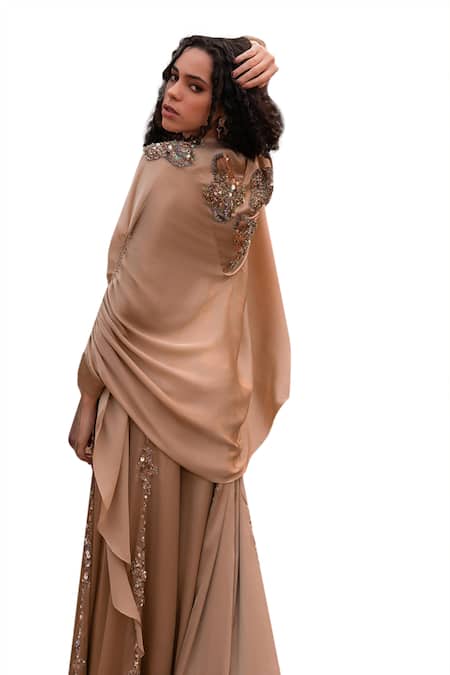 Shop_Kaprapan By Anaita Shah_Beige Satin Chiffon Embroidered Sequin Round Jumpsuit With Cape