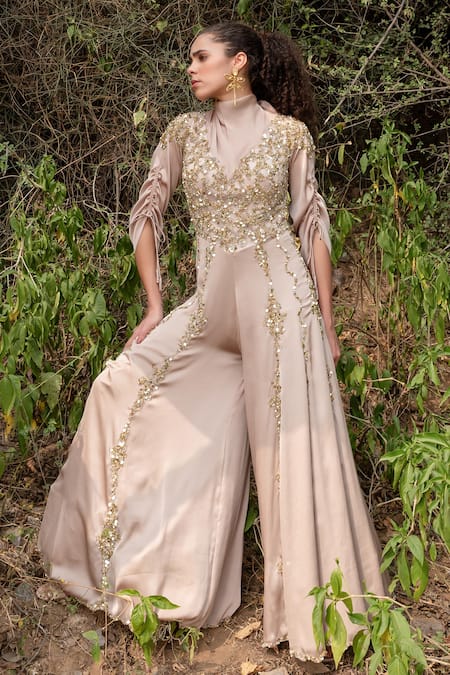 Kaprapan By Anaita Shah_Beige Satin Chiffon Embroidered Sequin High Neck Scatter Jumpsuit_Online_at_Aza_Fashions