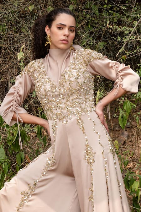 Buy_Kaprapan By Anaita Shah_Beige Satin Chiffon Embroidered Sequin High Neck Scatter Jumpsuit_Online_at_Aza_Fashions