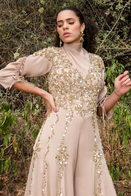Kaprapan By Anaita Shah_Beige Satin Chiffon Embroidered Sequin High Neck Scatter Jumpsuit_at_Aza_Fashions