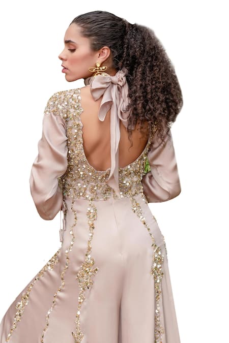 Buy_Kaprapan By Anaita Shah_Beige Satin Chiffon Embroidered Sequin High Neck Scatter Jumpsuit