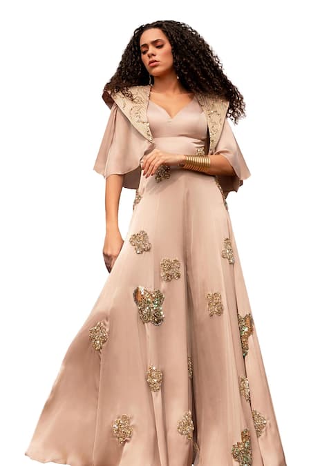 Kaprapan By Anaita Shah_Beige Satin Chiffon Embroidered Sequin V Neck Flared Jumpsuit With Jacket_Online_at_Aza_Fashions