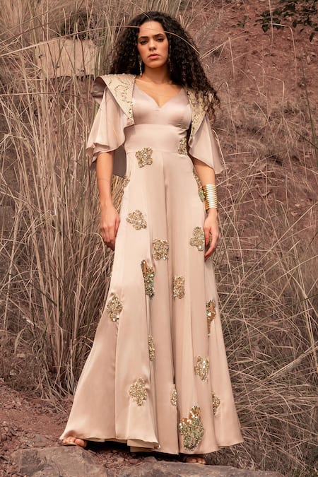 Buy_Kaprapan By Anaita Shah_Beige Satin Chiffon Embroidered Sequin V Neck Flared Jumpsuit With Jacket_Online_at_Aza_Fashions