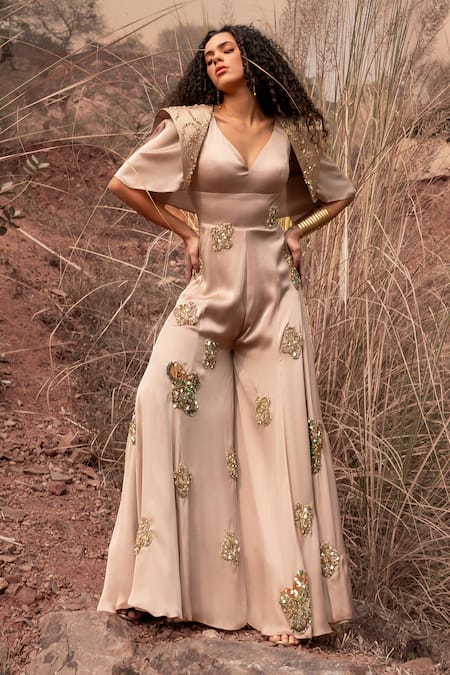 Kaprapan By Anaita Shah_Beige Satin Chiffon Embroidered Sequin V Neck Flared Jumpsuit With Jacket_at_Aza_Fashions