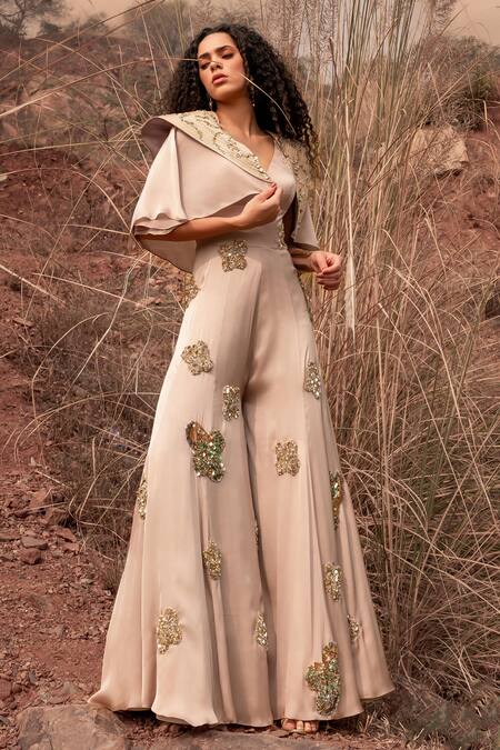 Buy_Kaprapan By Anaita Shah_Beige Satin Chiffon Embroidered Sequin V Neck Flared Jumpsuit With Jacket