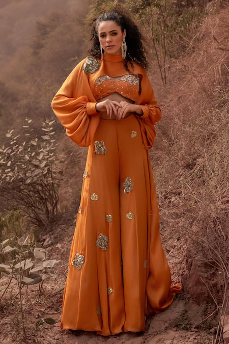 Kaprapan By Anaita Shah_Orange Satin Chiffon Embroidered Sequin High Neck Cutout Jumpsuit_Online_at_Aza_Fashions