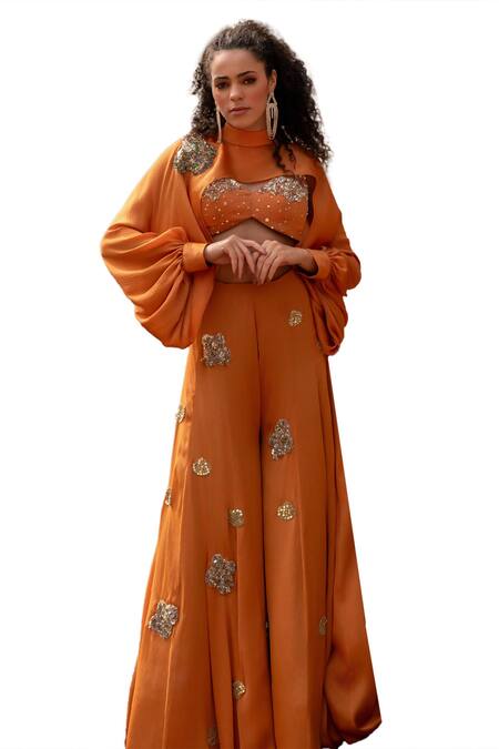 Buy_Kaprapan By Anaita Shah_Orange Satin Chiffon Embroidered Sequin High Neck Cutout Jumpsuit_Online_at_Aza_Fashions