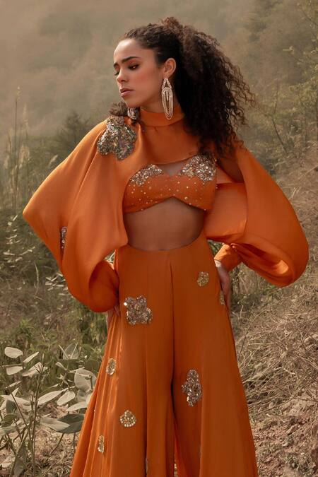 Buy_Kaprapan By Anaita Shah_Orange Satin Chiffon Embroidered Sequin High Neck Cutout Jumpsuit