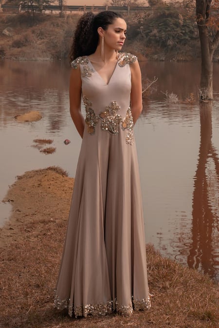 Kaprapan By Anaita Shah_Beige Satin Chiffon Embroidered Sequin V Neck Placement Scatter Jumpsuit_Online_at_Aza_Fashions