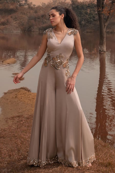 Buy_Kaprapan By Anaita Shah_Beige Satin Chiffon Embroidered Sequin V Neck Placement Scatter Jumpsuit_Online_at_Aza_Fashions