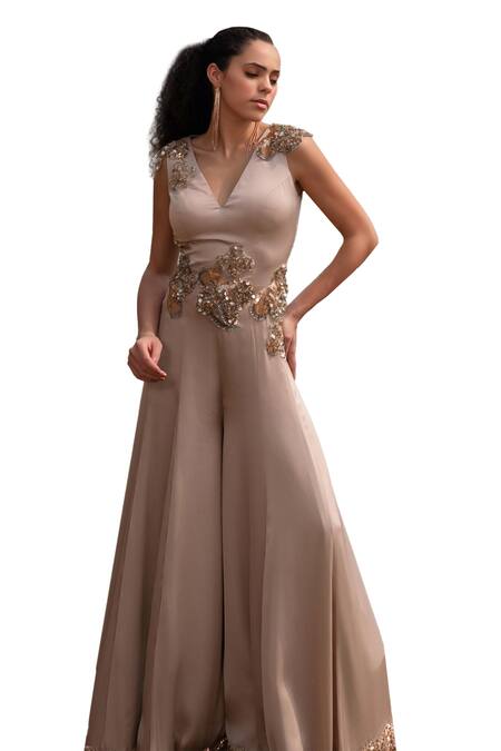 Shop_Kaprapan By Anaita Shah_Beige Satin Chiffon Embroidered Sequin V Neck Placement Scatter Jumpsuit_Online_at_Aza_Fashions