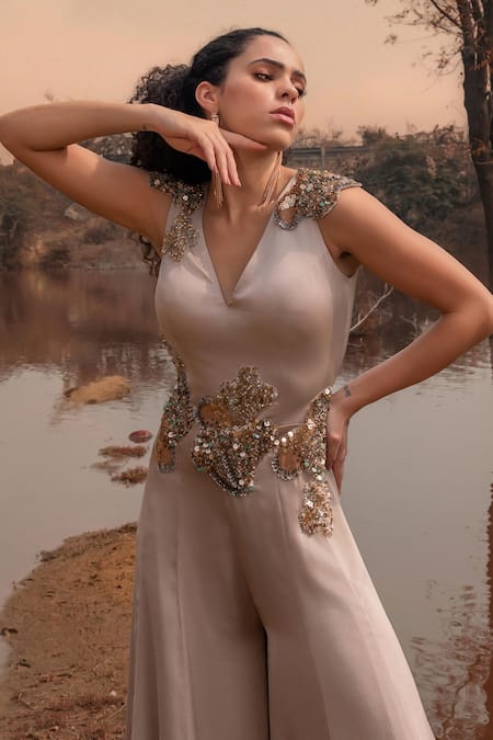 Kaprapan By Anaita Shah_Beige Satin Chiffon Embroidered Sequin V Neck Placement Scatter Jumpsuit_at_Aza_Fashions