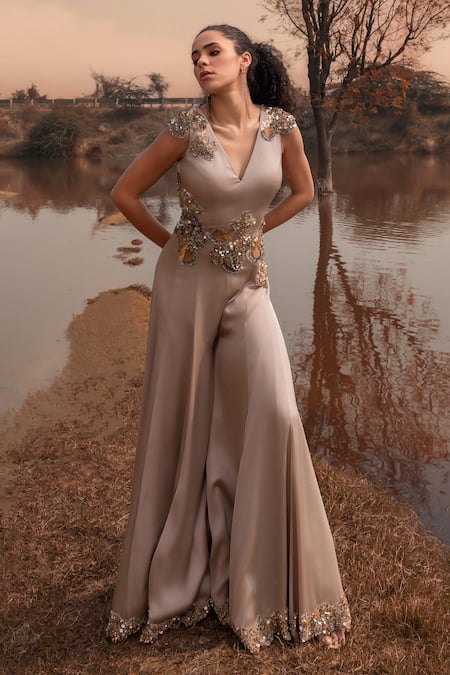 Buy_Kaprapan By Anaita Shah_Beige Satin Chiffon Embroidered Sequin V Neck Placement Scatter Jumpsuit