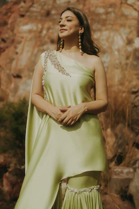 Kaprapan By Anaita Shah_Green Satin, Chiffon, Polyester Cut Work, Embroidered Tunic And Sharara Set_Online_at_Aza_Fashions