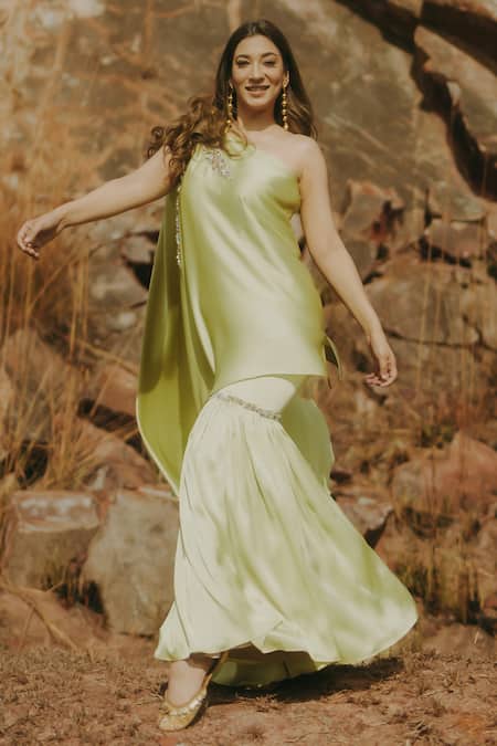 Buy_Kaprapan By Anaita Shah_Green Satin, Chiffon, Polyester Cut Work, Embroidered Tunic And Sharara Set_Online_at_Aza_Fashions