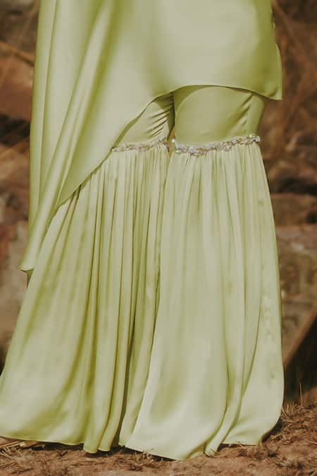 Shop_Kaprapan By Anaita Shah_Green Satin, Chiffon, Polyester Cut Work, Embroidered Tunic And Sharara Set_Online_at_Aza_Fashions