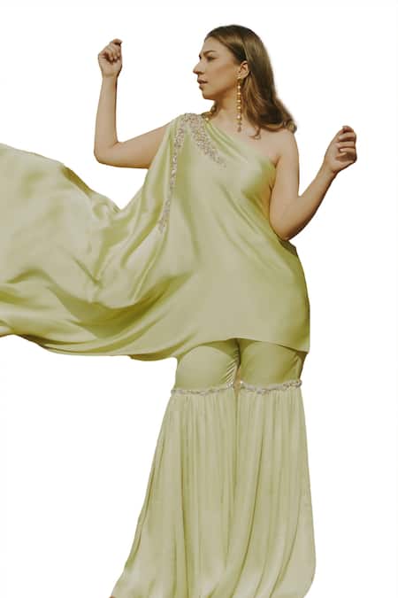 Buy_Kaprapan By Anaita Shah_Green Satin, Chiffon, Polyester Cut Work, Embroidered Tunic And Sharara Set