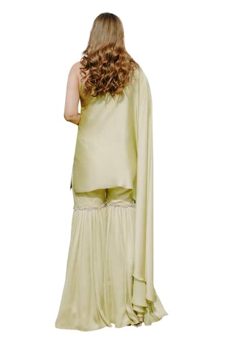 Shop_Kaprapan By Anaita Shah_Green Satin, Chiffon, Polyester Cut Work, Embroidered Tunic And Sharara Set