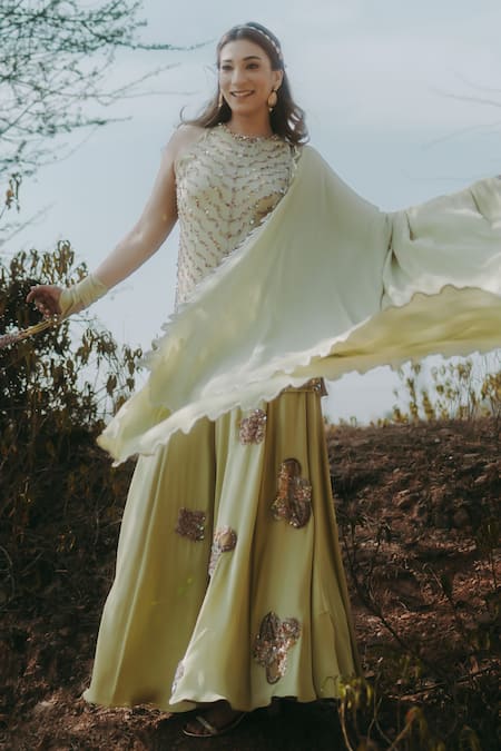 Kaprapan By Anaita Shah_Gold Satin, Chiffon, Polyester Cut Work, Scatter Embroidered Kurta Sharara Set_Online_at_Aza_Fashions