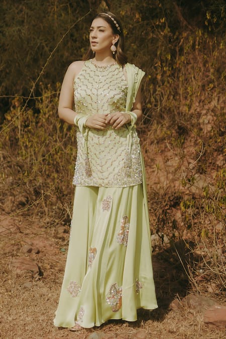 Shop_Kaprapan By Anaita Shah_Gold Satin, Chiffon, Polyester Cut Work, Scatter Embroidered Kurta Sharara Set_Online_at_Aza_Fashions