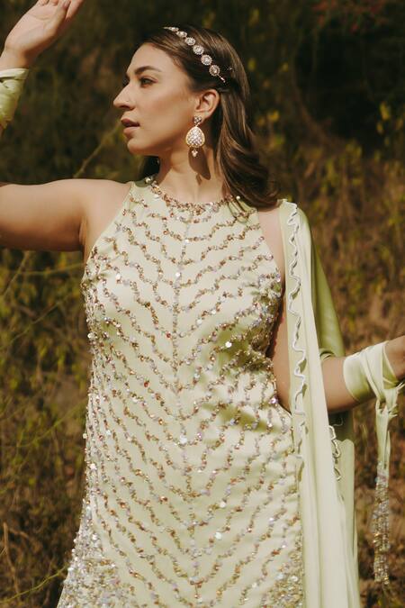 Shop_Kaprapan By Anaita Shah_Gold Satin, Chiffon, Polyester Cut Work, Scatter Embroidered Kurta Sharara Set