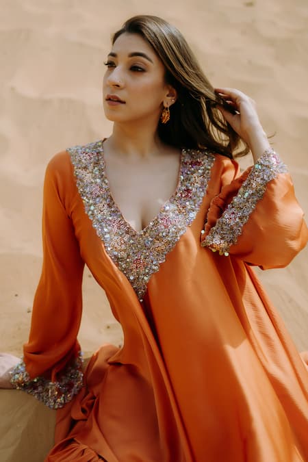 Kaprapan By Anaita Shah_Orange Satin, Chiffon, Polyester Scatter Embroidered High Low Kurta Sharara Set_Online_at_Aza_Fashions
