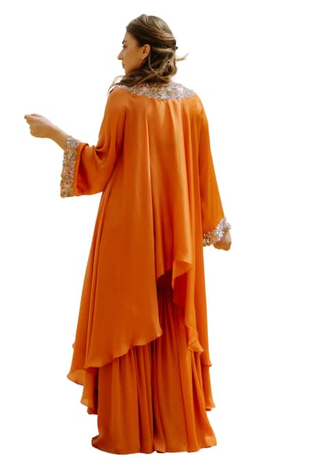 Buy_Kaprapan By Anaita Shah_Orange Satin, Chiffon, Polyester Scatter Embroidered High Low Kurta Sharara Set_Online_at_Aza_Fashions