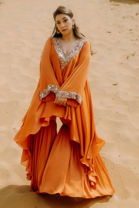 Shop_Kaprapan By Anaita Shah_Orange Satin, Chiffon, Polyester Scatter Embroidered High Low Kurta Sharara Set_Online_at_Aza_Fashions