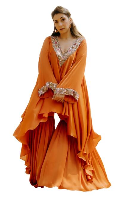 Buy_Kaprapan By Anaita Shah_Orange Satin, Chiffon, Polyester Scatter Embroidered High Low Kurta Sharara Set