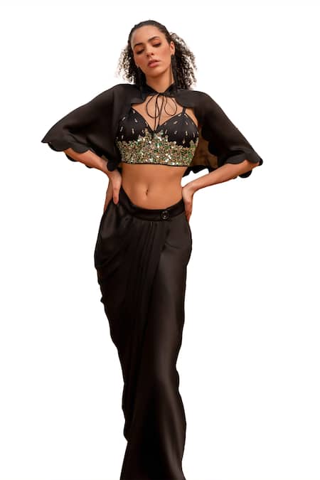 Kaprapan By Anaita Shah_Black Satin Chiffon Embroidered Sequin Tie-up Scalloped Cape Draped Skirt Set_at_Aza_Fashions