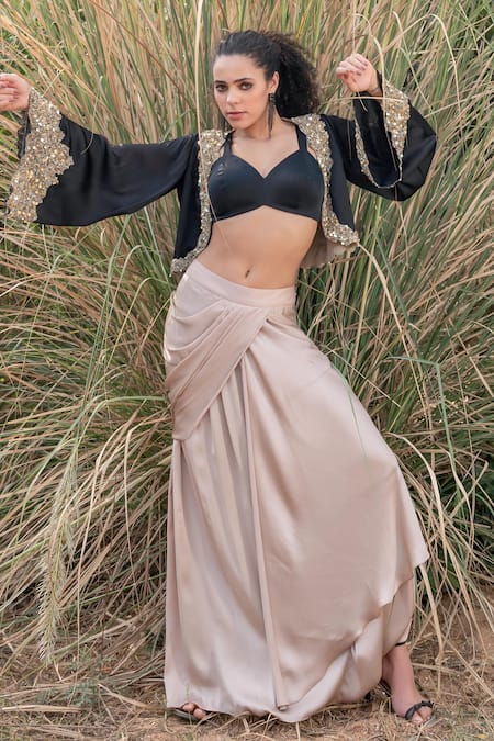 Kaprapan By Anaita Shah_Black Satin Chiffon Embroidered Sequin Scatter Cape Draped Skirt Set_Online_at_Aza_Fashions