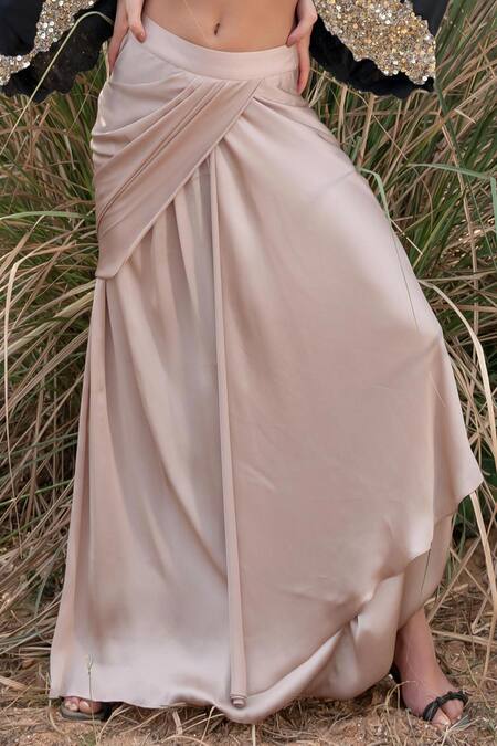 Buy_Kaprapan By Anaita Shah_Black Satin Chiffon Embroidered Sequin Scatter Cape Draped Skirt Set_Online_at_Aza_Fashions