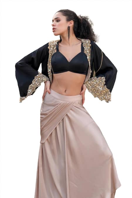 Shop_Kaprapan By Anaita Shah_Black Satin Chiffon Embroidered Sequin Scatter Cape Draped Skirt Set_Online_at_Aza_Fashions