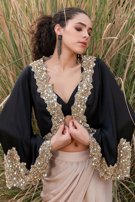 Buy_Kaprapan By Anaita Shah_Black Satin Chiffon Embroidered Sequin Scatter Cape Draped Skirt Set