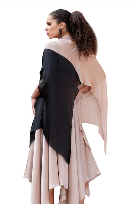 Kaprapan By Anaita Shah_Black Satin Chiffon Embroidered Sequin Color Blocked Kaftan Top And Skirt Set_Online_at_Aza_Fashions