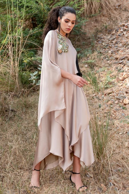 Buy_Kaprapan By Anaita Shah_Black Satin Chiffon Embroidered Sequin Color Blocked Kaftan Top And Skirt Set_Online_at_Aza_Fashions