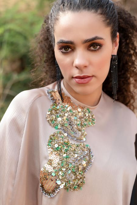 Shop_Kaprapan By Anaita Shah_Black Satin Chiffon Embroidered Sequin Color Blocked Kaftan Top And Skirt Set_Online_at_Aza_Fashions