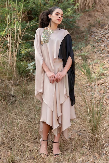 Kaprapan By Anaita Shah_Black Satin Chiffon Embroidered Sequin Color Blocked Kaftan Top And Skirt Set_at_Aza_Fashions