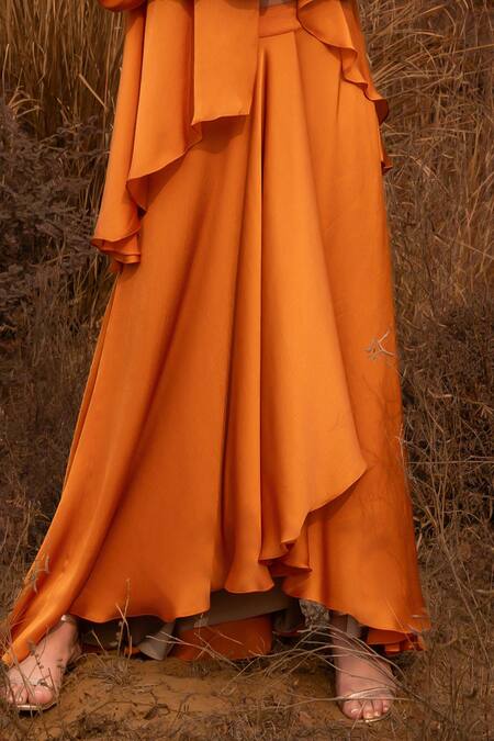 Buy_Kaprapan By Anaita Shah_Orange Satin Chiffon Embroidered Sequin Mandarin High Low Top And Skirt Set_Online_at_Aza_Fashions