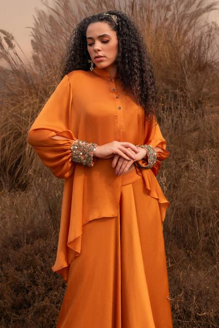 Shop_Kaprapan By Anaita Shah_Orange Satin Chiffon Embroidered Sequin Mandarin High Low Top And Skirt Set_Online_at_Aza_Fashions