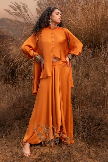 Kaprapan By Anaita Shah_Orange Satin Chiffon Embroidered Sequin Mandarin High Low Top And Skirt Set_at_Aza_Fashions