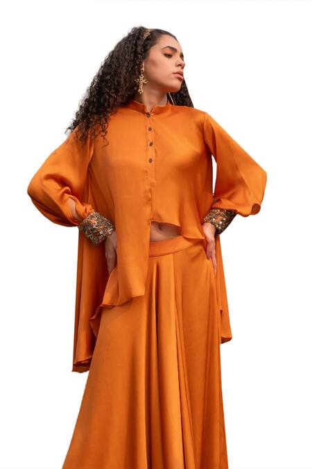 Buy_Kaprapan By Anaita Shah_Orange Satin Chiffon Embroidered Sequin Mandarin High Low Top And Skirt Set