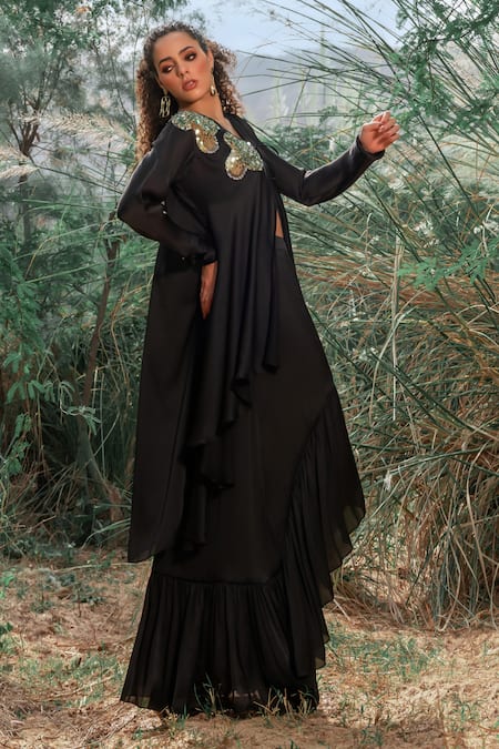 Buy_Kaprapan By Anaita Shah_Black Satin Chiffon Embroidered Sequin V Neck Asymmetric Shrug And Ruffled Skirt_Online_at_Aza_Fashions