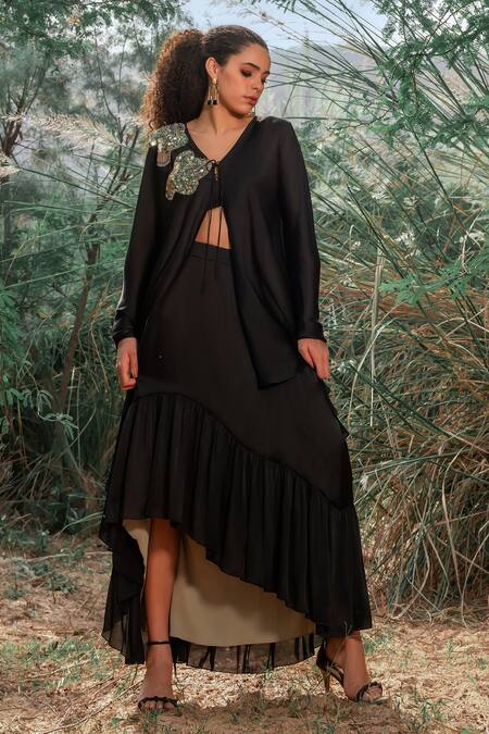 Shop_Kaprapan By Anaita Shah_Black Satin Chiffon Embroidered Sequin V Neck Asymmetric Shrug And Ruffled Skirt_Online_at_Aza_Fashions