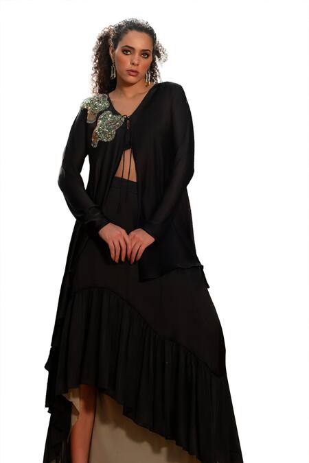 Kaprapan By Anaita Shah_Black Satin Chiffon Embroidered Sequin V Neck Asymmetric Shrug And Ruffled Skirt_at_Aza_Fashions