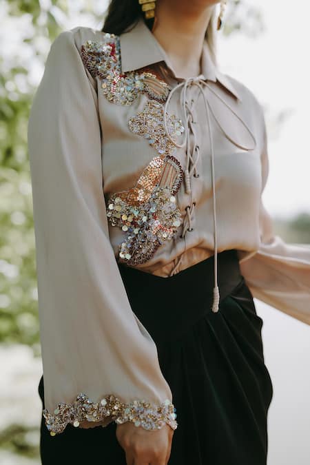 Kaprapan By Anaita Shah_Beige Satin Chiffon Embroidered Sequin Scatter Shirt And Draped Skirt Set_Online_at_Aza_Fashions