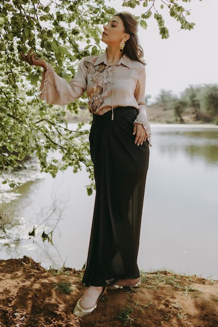 Buy_Kaprapan By Anaita Shah_Beige Satin Chiffon Embroidered Sequin Scatter Shirt And Draped Skirt Set_Online_at_Aza_Fashions