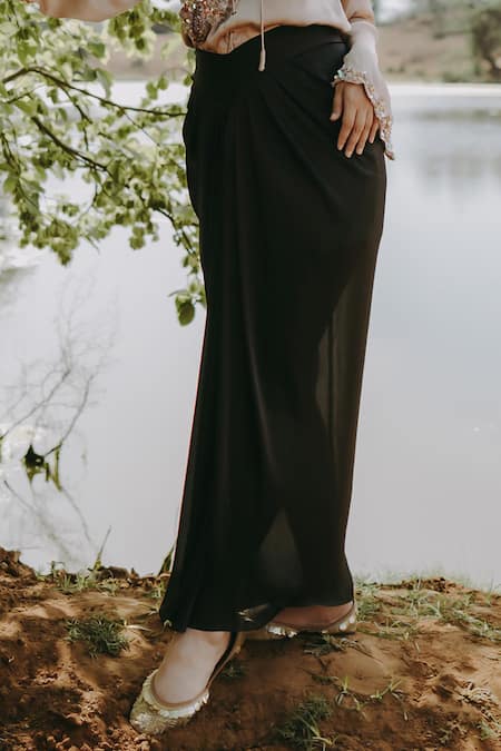 Shop_Kaprapan By Anaita Shah_Beige Satin Chiffon Embroidered Sequin Scatter Shirt And Draped Skirt Set_Online_at_Aza_Fashions